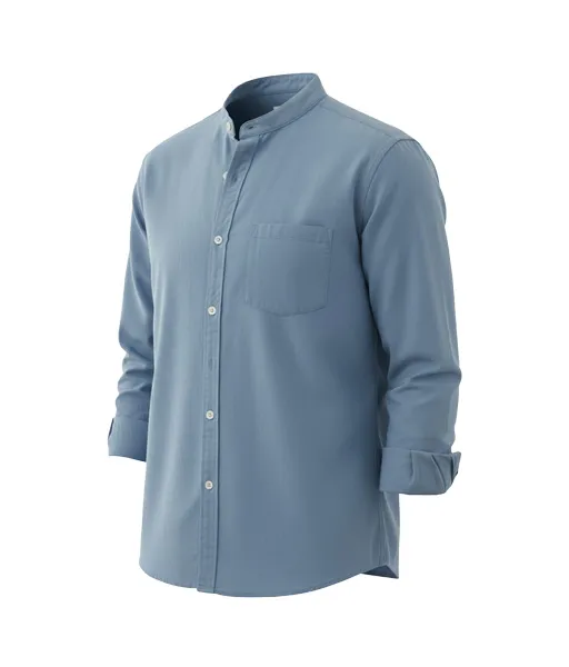 Men's Light Blue Slim-Fit Band Collar Casual Shirt