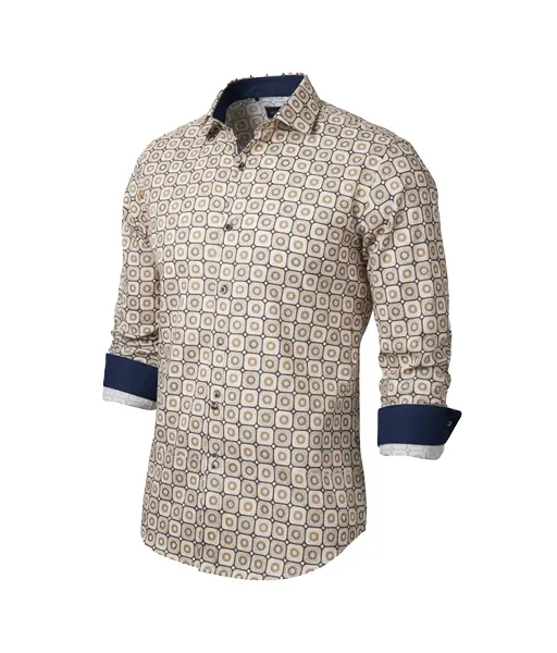 Men's Geometric Pattern Dress Shirt with Contrast Navy Trim