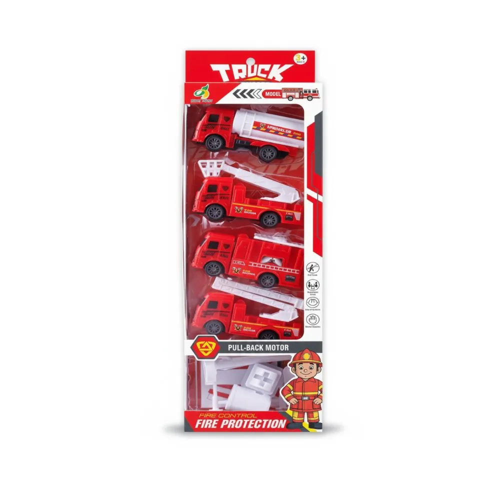 4pcs Pullback Fire Trucks Set with Road Signs for Kids