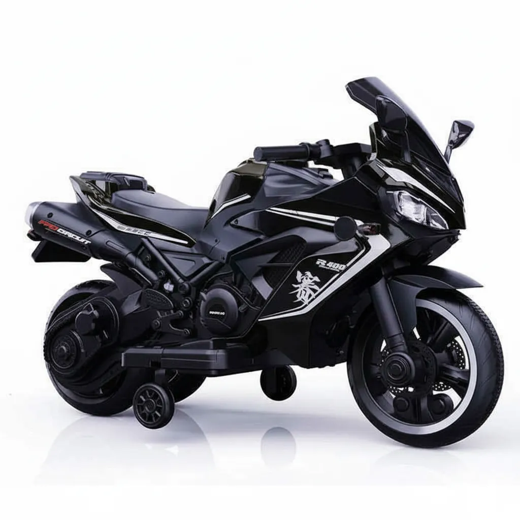 CE Unisex Kids Electric Ride-On Luxury Bike 400 – Battery Car with Music & LED Lights ( Black )