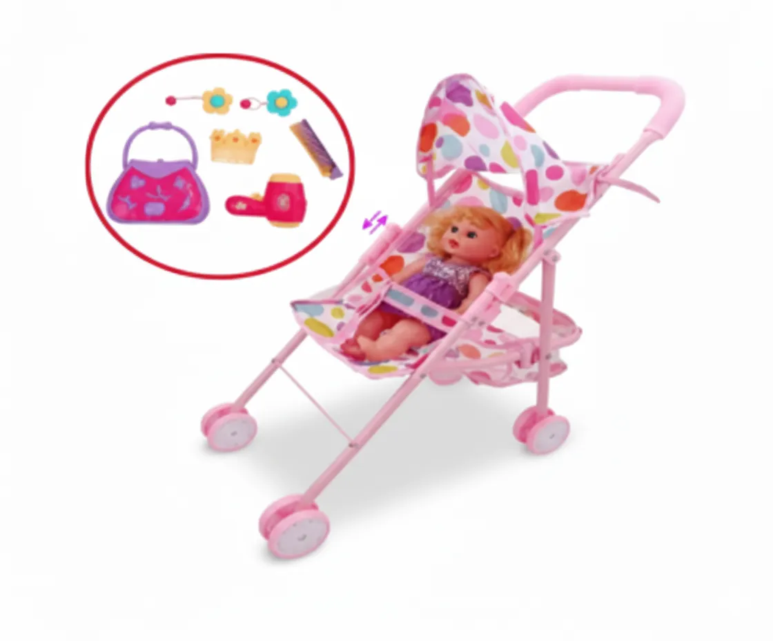 Iron Stroller with 12-Inch Doll, Hair Dryer, Comb & Handbag