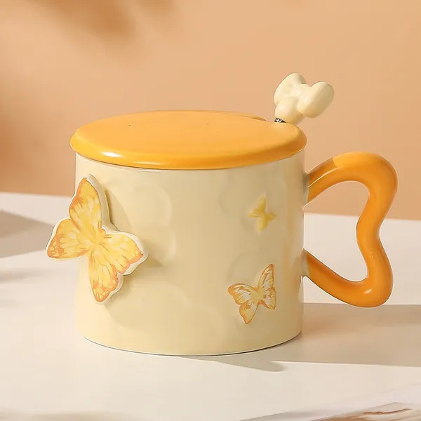 3D Butterfly Ceramic Cup with Lid & Spoon – 350ml Cute Gift Mug